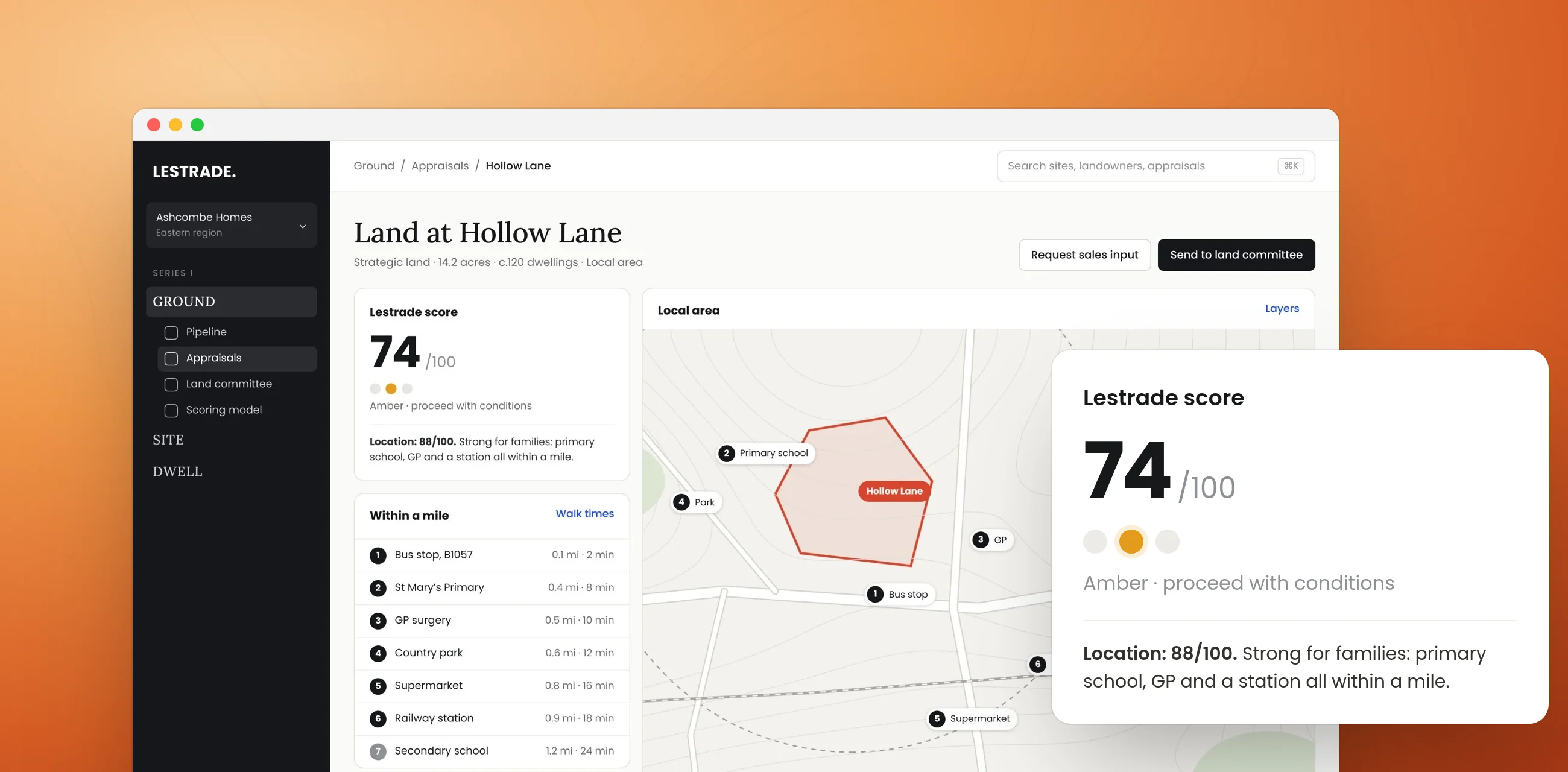 Lestrade Ground: the Hollow Lane appraisal, scoring 74 out of 100 (amber, proceed with conditions), with a map of amenities within a mile