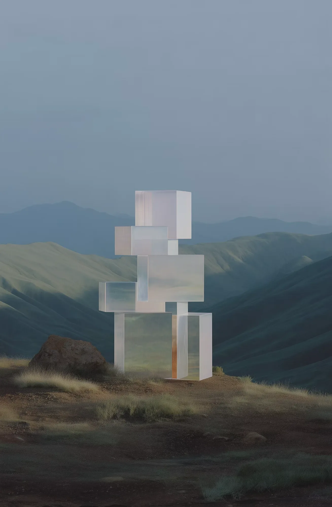 An abstract translucent block sculpture set on a hillside, representing the built environment