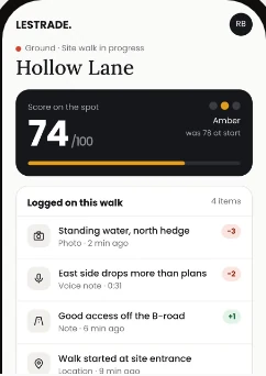 Lestrade Ground on a phone: a live score updating as photos, voice notes and notes are logged on a site walk