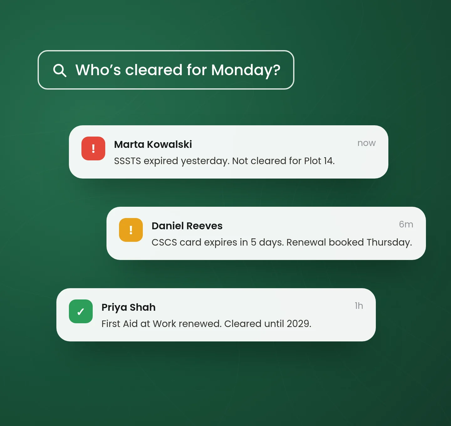 Site notifications: an SSSTS that expired yesterday, a CSCS card expiring in five days with renewal booked, and a first aid certificate renewed until 2029